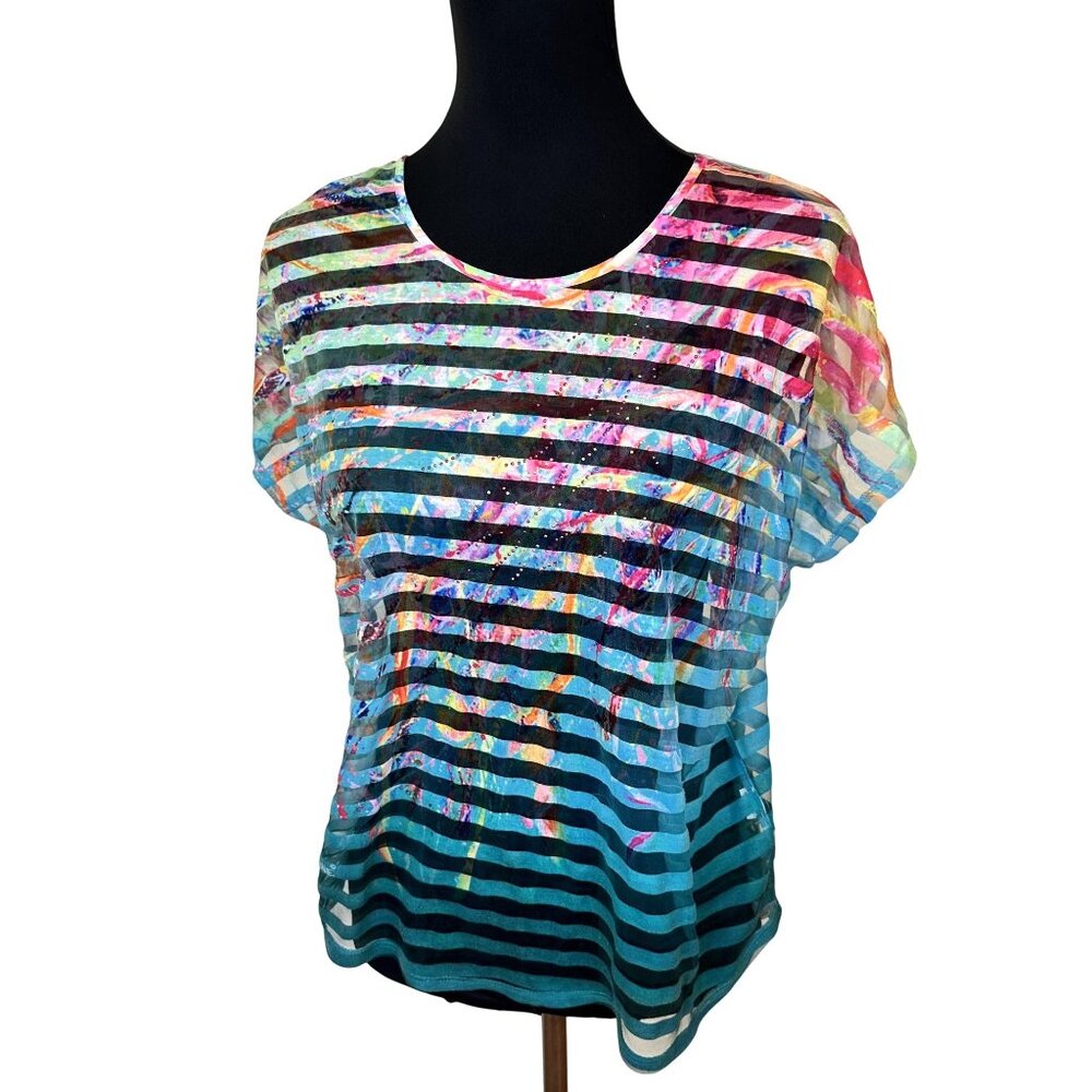 Leoma Lovegrove Womens Shirt Multicolor Striped Sheer Top Scoop Neckline PM
